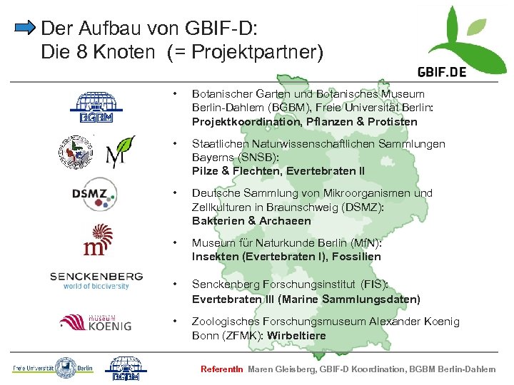 Der Aufbau von GBIF-D: Die 8 Knoten (= Projektpartner) • Botanischer Garten und Botanisches