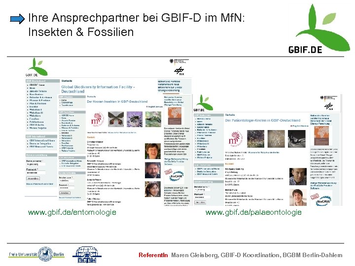 Ihre Ansprechpartner bei GBIF-D im Mf. N: Insekten & Fossilien www. gbif. de/entomologie www.