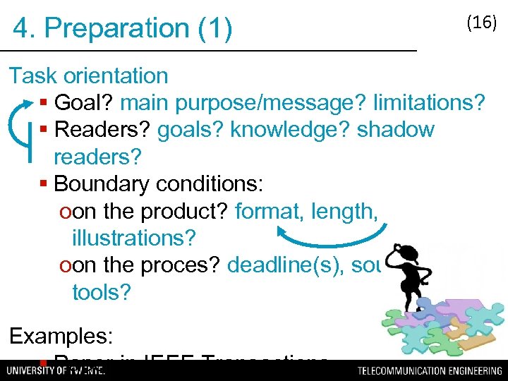 4. Preparation (1) (16) Task orientation § Goal? main purpose/message? limitations? § Readers? goals?