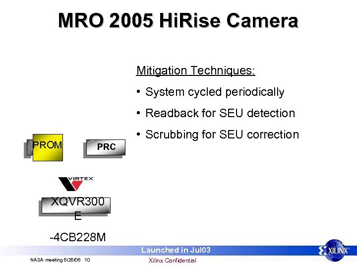MRO 2005 Hi. Rise Camera Mitigation Techniques: • System cycled periodically • Readback for