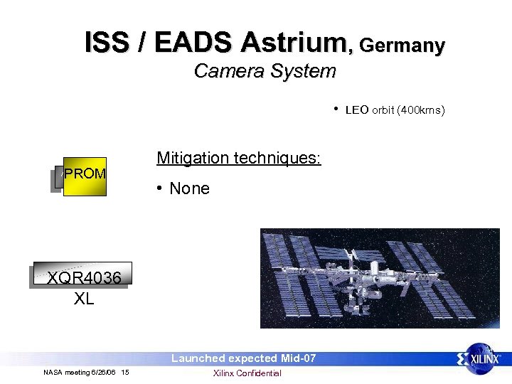 ISS / EADS Astrium, Germany Camera System • LEO orbit (400 kms) PROM Mitigation