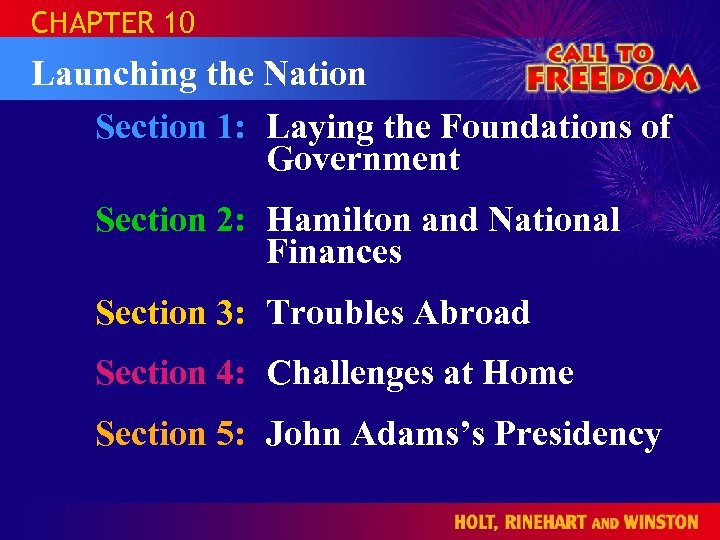 CHAPTER 10 Launching the Nation Section 1: Laying the Foundations of Government Section 2: