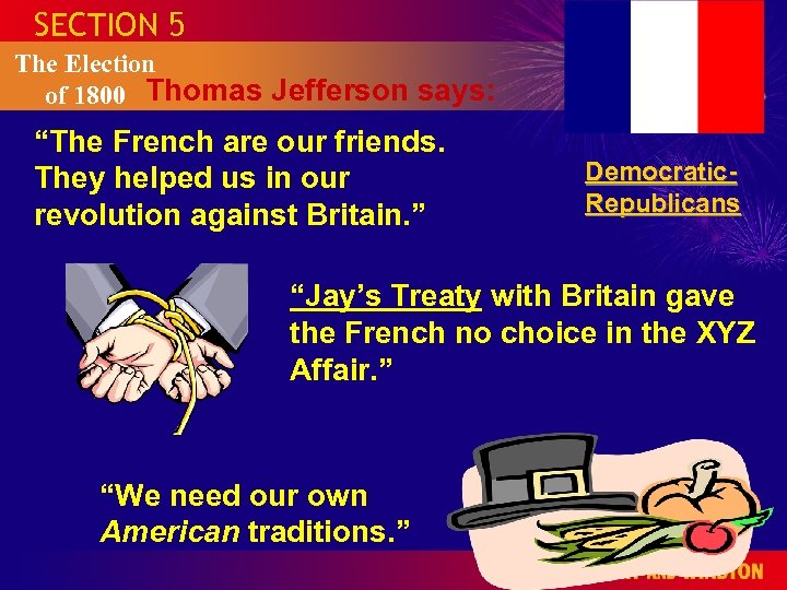 SECTION 5 The Election of 1800 Thomas Jefferson says: “The French are our friends.