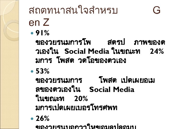 สถตทนาสนใจสำหรบ en Z G 91% ของวยรนมการโพ สตรป ภาพของต วเองใน Social Media ในขณะท 24% มการ