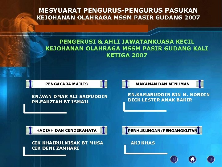 MESYUARAT PENGURUS-PENGURUS PASUKAN KEJOHANAN OLAHRAGA MSSM PASIR GUDANG 2007 PENGERUSI & AHLI JAWATANKUASA KECIL