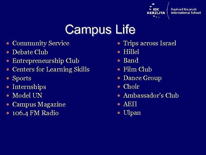 Campus Life Community Service Trips across Israel Debate Club Hillel Entrepreneurship Club Band Centers