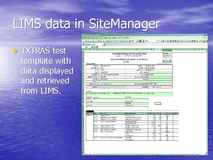 LIMS data in Site. Manager • TXTRAS test template with data displayed and retrieved