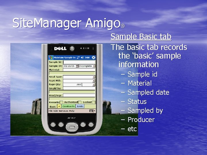 Site. Manager Amigo ® Sample Basic tab The basic tab records the ‘basic’ sample