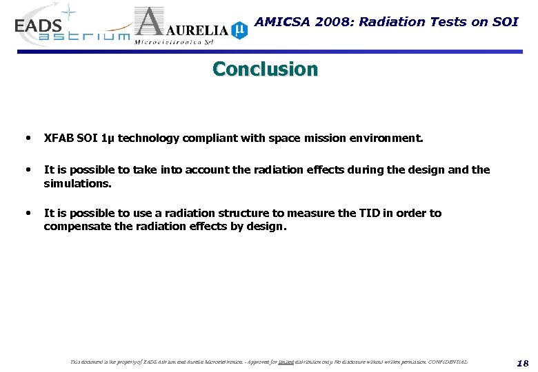AMICSA 2008: Radiation Tests on SOI Conclusion • XFAB SOI 1µ technology compliant with