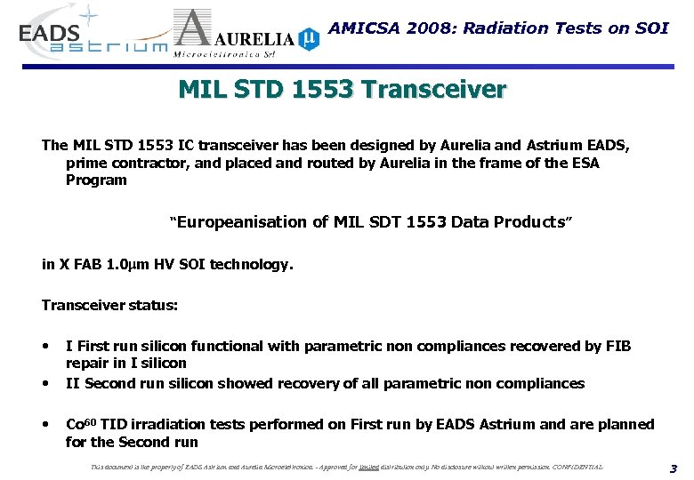 AMICSA 2008: Radiation Tests on SOI MIL STD 1553 Transceiver The MIL STD 1553