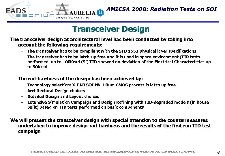 AMICSA 2008: Radiation Tests on SOI Transceiver Design The transceiver design at architectural level
