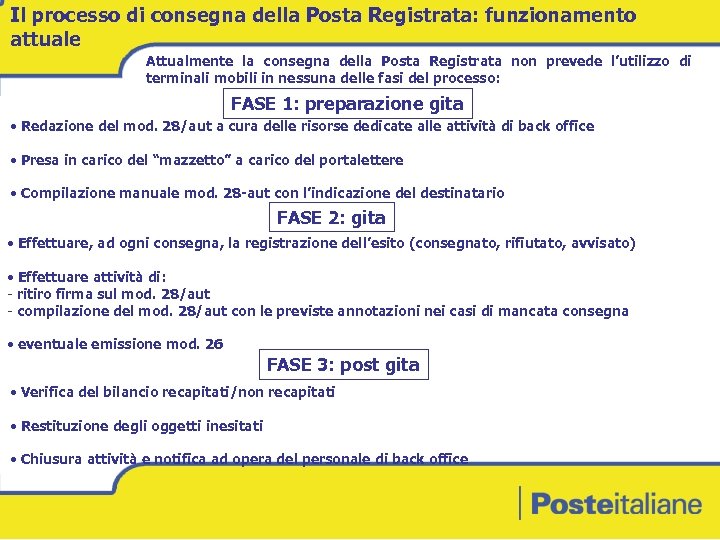 Il processo di consegna della Posta Registrata: funzionamento attuale Attualmente la consegna della Posta