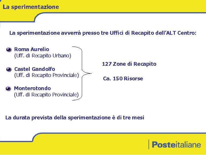 La sperimentazione avverrà presso tre Uffici di Recapito dell’ALT Centro: Roma Aurelio (Uff. di