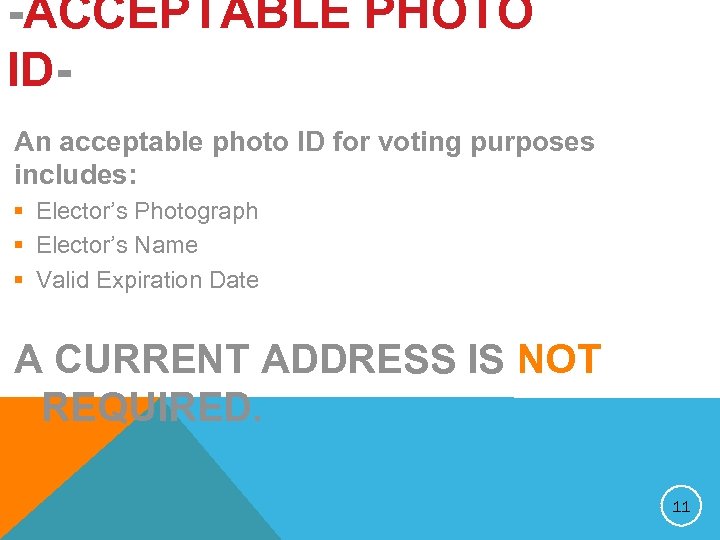 -ACCEPTABLE PHOTO IDAn acceptable photo ID for voting purposes includes: § Elector’s Photograph §