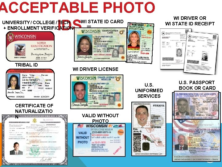 ACCEPTABLE PHOTO IDS UNIVERSITY / COLLEGE / TECH + ENROLLMENT VERIFICATION TRIBAL ID WI