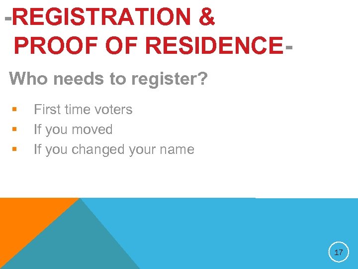 -REGISTRATION & PROOF OF RESIDENCEWho needs to register? § § § First time voters