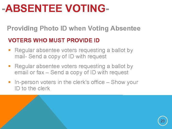 -ABSENTEE VOTINGProviding Photo ID when Voting Absentee VOTERS WHO MUST PROVIDE ID § Regular