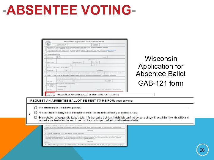 -ABSENTEE VOTING- Wisconsin Application for Absentee Ballot GAB-121 form 26 