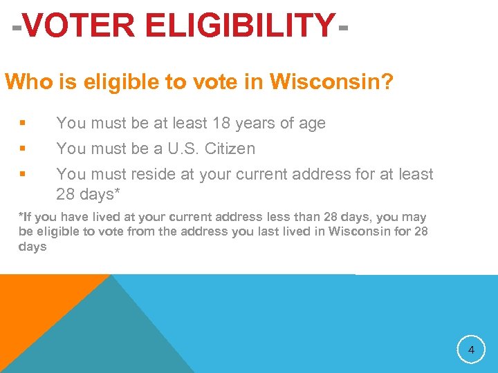 -VOTER ELIGIBILITYWho is eligible to vote in Wisconsin? § You must be at least