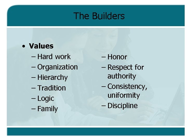 The Builders • Values – Hard work – Organization – Hierarchy – Tradition –