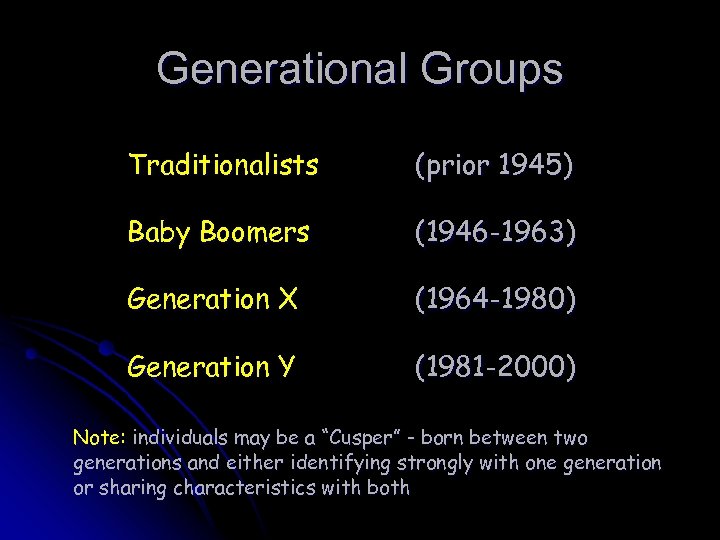 Generational Groups Traditionalists (prior 1945) Baby Boomers (1946 -1963) Generation X (1964 -1980) Generation