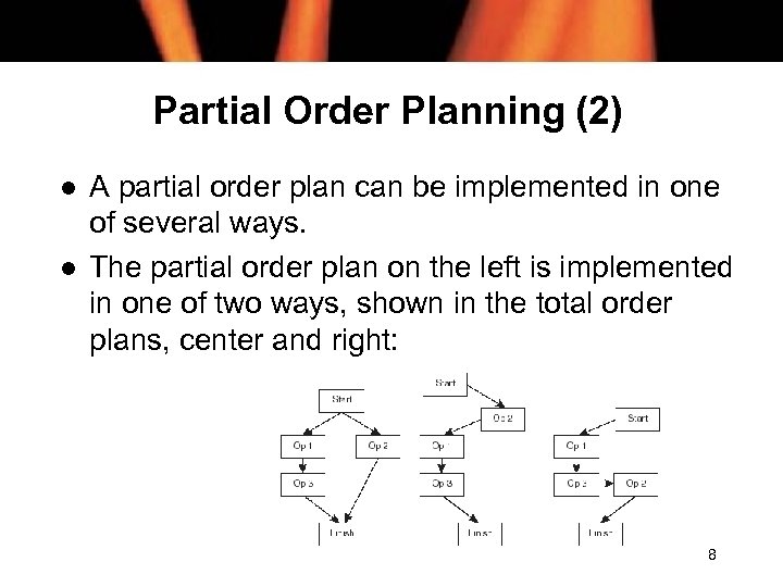 Partial Order Planning (2) l l A partial order plan can be implemented in