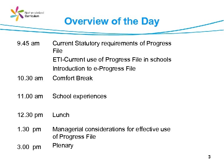 Overview of the Day 9. 45 am Current Statutory requirements of Progress File ETI-Current