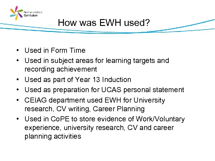 How was EWH used? • Used in Form Time • Used in subject areas