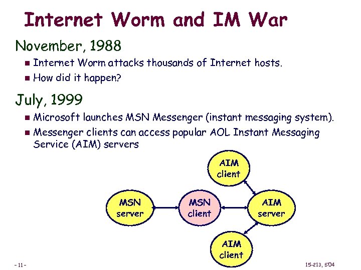 Internet Worm and IM War November, 1988 Internet Worm attacks thousands of Internet hosts.