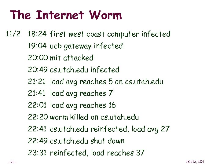 The Internet Worm 11/2 18: 24 first west coast computer infected 19: 04 ucb