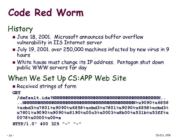Code Red Worm History June 18, 2001. Microsoft announces buffer overflow vulnerability in IIS
