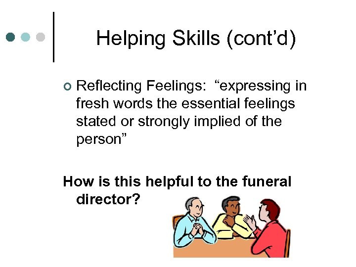 Helping Skills (cont’d) ¢ Reflecting Feelings: “expressing in fresh words the essential feelings stated