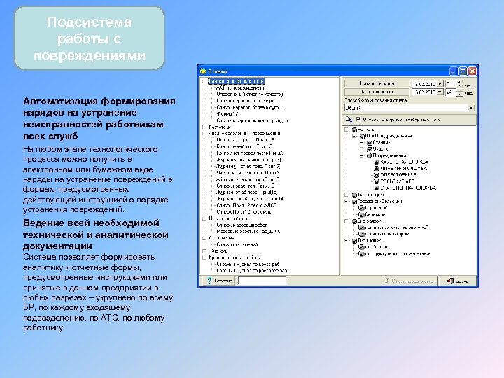 Подсистема работы с повреждениями Автоматизация формирования нарядов на устранение неисправностей работникам всех служб На