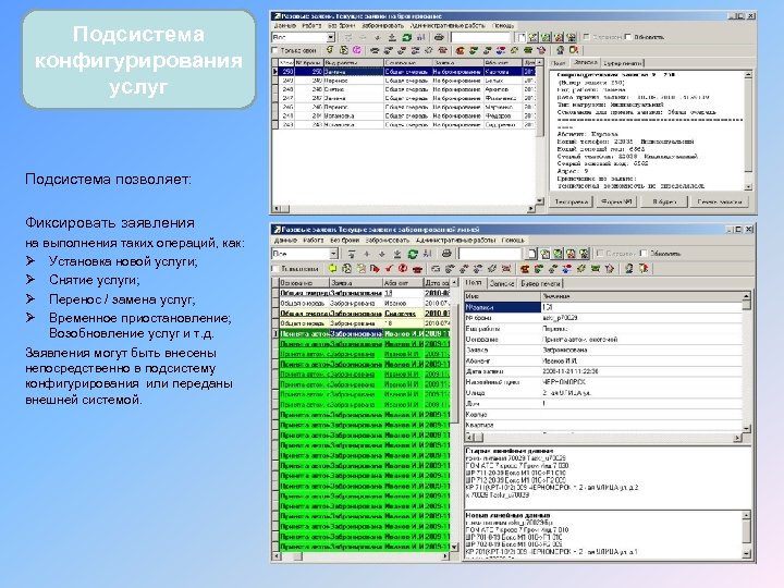 Подсистема конфигурирования услуг Подсистема позволяет: Фиксировать заявления на выполнения таких операций, как: Ø Установка