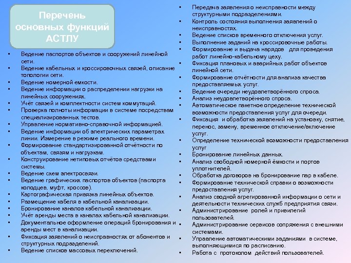 Перечень основных функций АСТЛУ • • • • • • Ведение паспортов объектов и