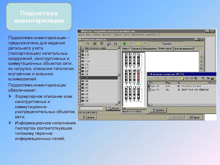 Подсистема инвентаризации – предназначена для ведения детального учета (паспортизации) капитальных сооружений, конструктивных и коммутационных