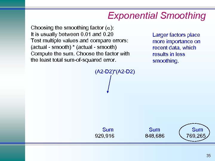 Exponential Smoothing Choosing the smoothing factor ( ): It is usually between 0. 01