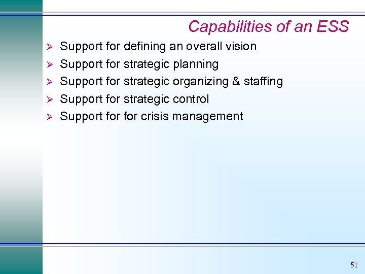 Capabilities of an ESS Ø Ø Ø Support for defining an overall vision Support