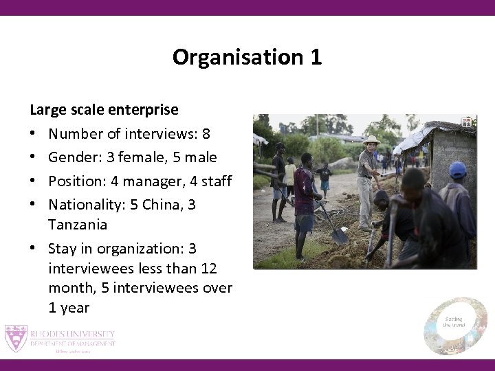 Organisation 1 Large scale enterprise • Number of interviews: 8 • Gender: 3 female,