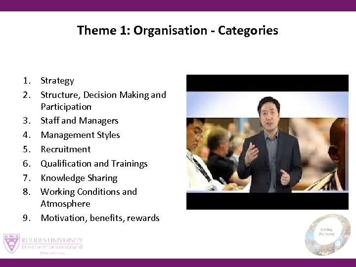 Theme 1: Organisation - Categories 1. Strategy 2. Structure, Decision Making and Participation 3.