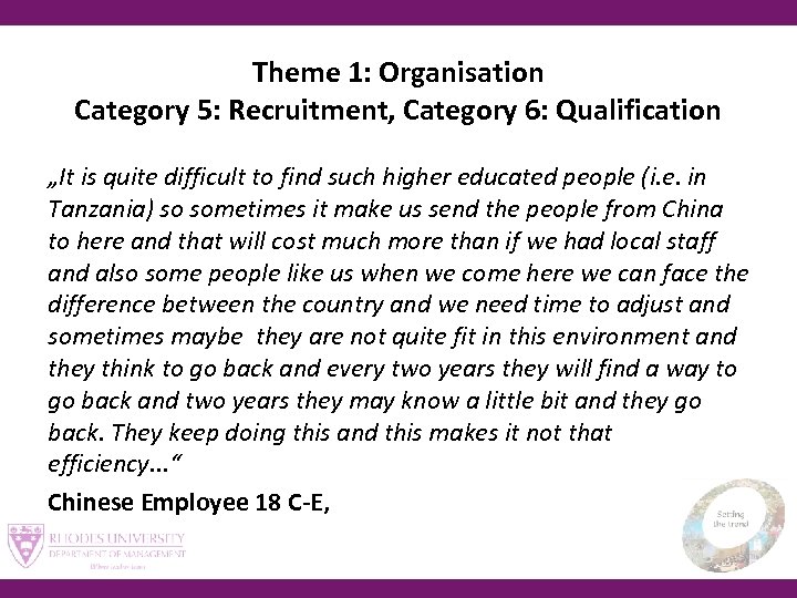 Theme 1: Organisation Category 5: Recruitment, Category 6: Qualification „It is quite difficult to