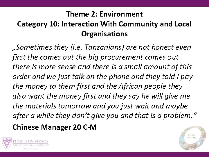 Theme 2: Environment Category 10: Interaction With Community and Local Organisations „Sometimes they (i.