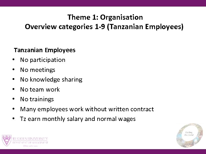  Theme 1: Organisation Overview categories 1 -9 (Tanzanian Employees) Tanzanian Employees • No