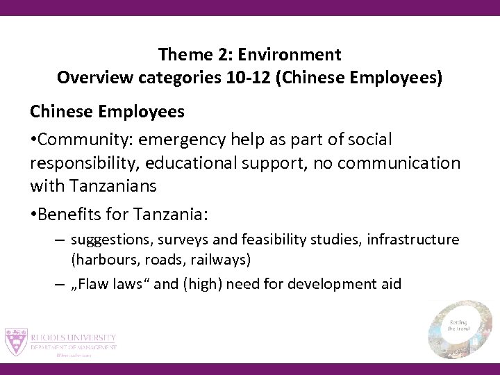 Theme 2: Environment Overview categories 10 -12 (Chinese Employees) Chinese Employees • Community: emergency