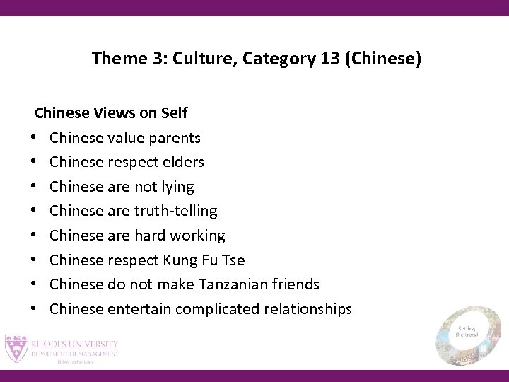  Theme 3: Culture, Category 13 (Chinese) Chinese Views on Self • Chinese value