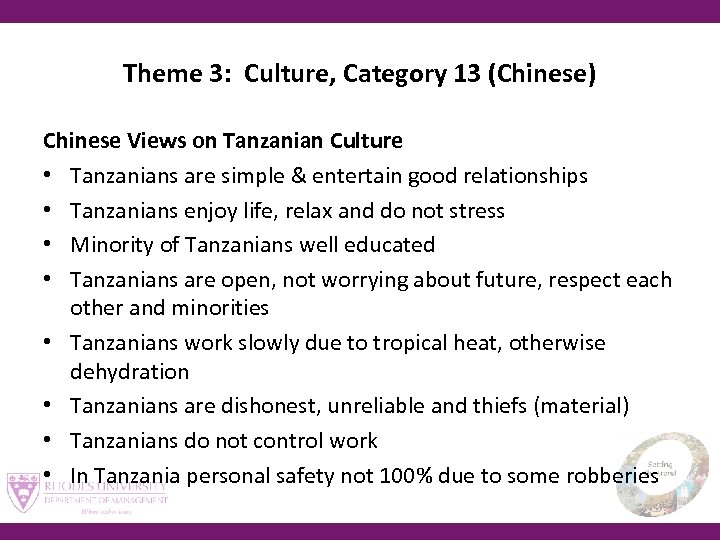 Theme 3: Culture, Category 13 (Chinese) Chinese Views on Tanzanian Culture • Tanzanians are