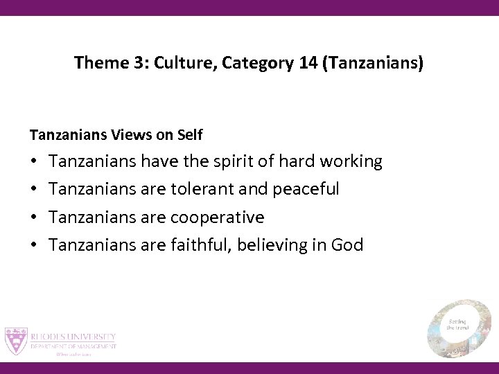 Theme 3: Culture, Category 14 (Tanzanians) Tanzanians Views on Self • • Tanzanians have