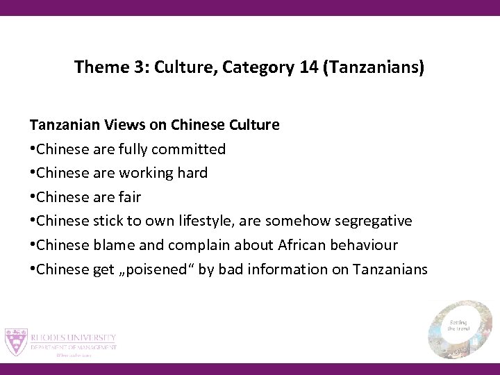 Theme 3: Culture, Category 14 (Tanzanians) Tanzanian Views on Chinese Culture • Chinese are