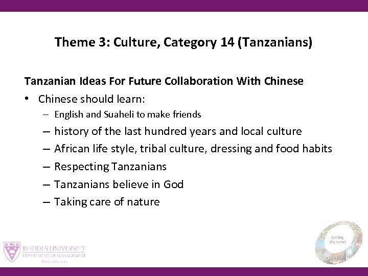 Theme 3: Culture, Category 14 (Tanzanians) Tanzanian Ideas For Future Collaboration With Chinese •