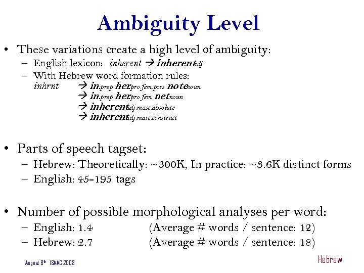 Ambiguity Level • These variations create a high level of ambiguity: – English lexicon: